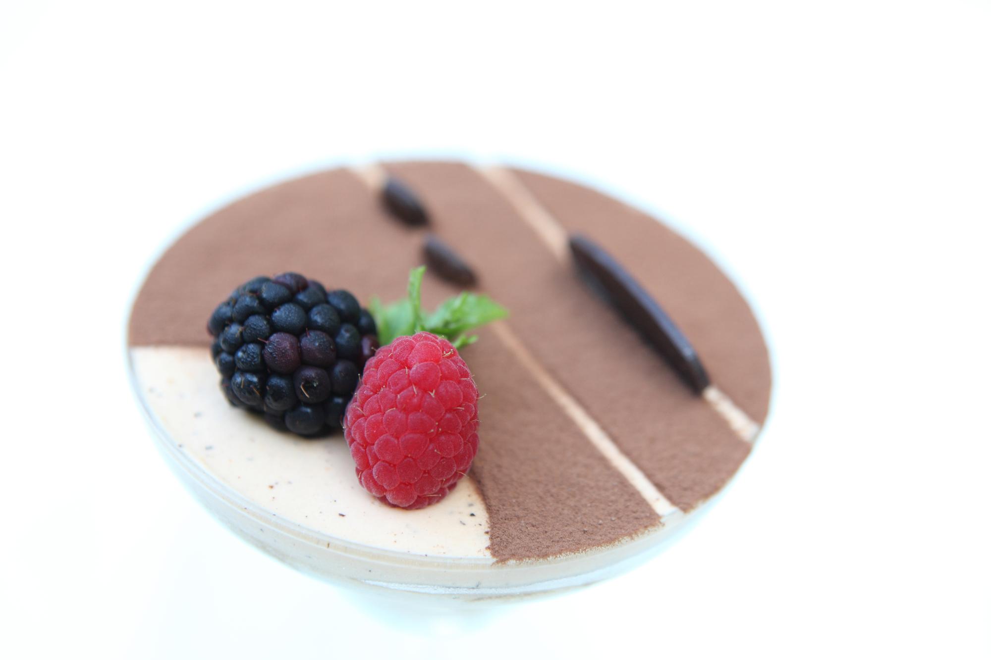 Close-up of plated dessert with modern styling