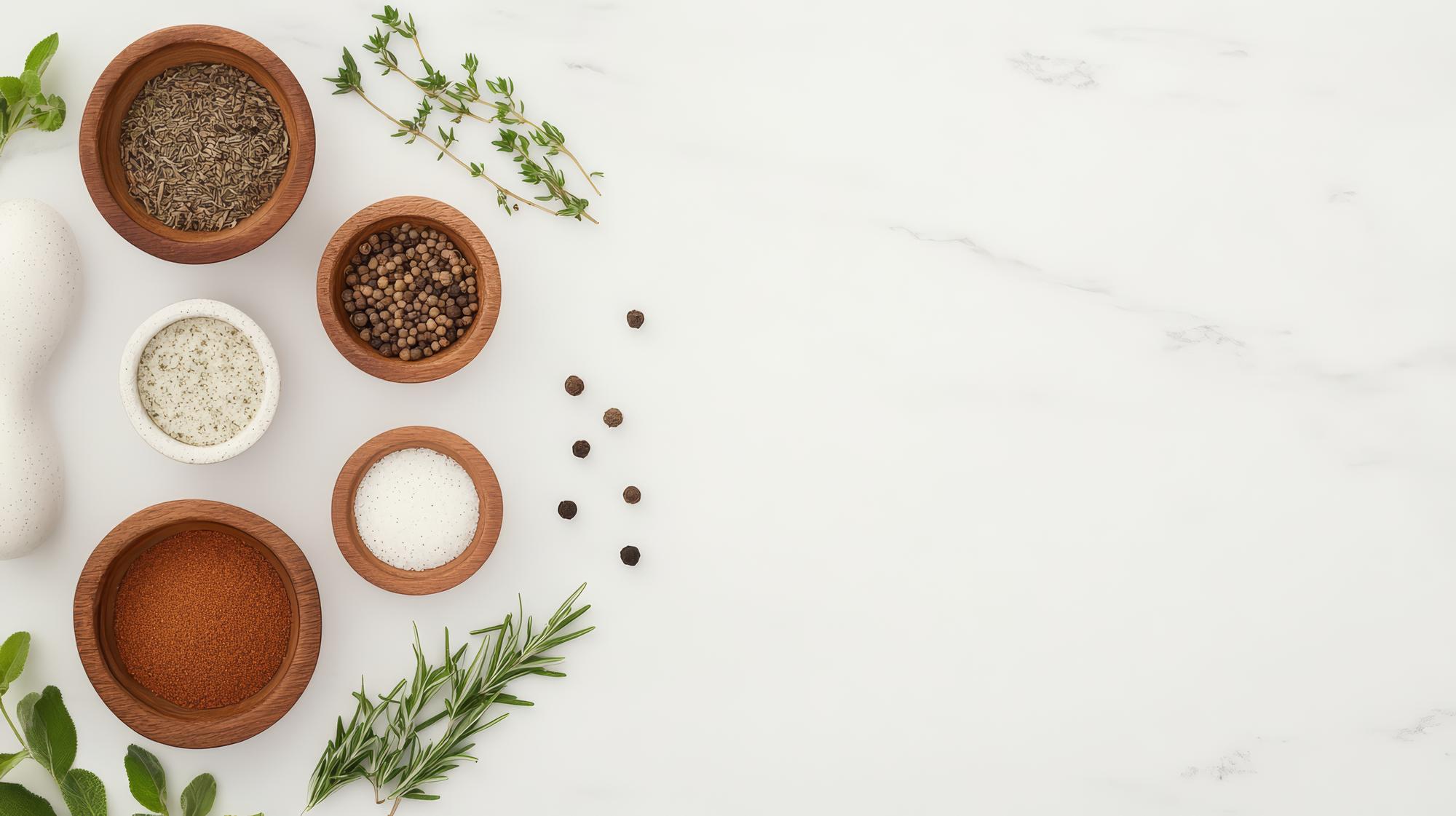 Ingredient flatlay with herbs and spices